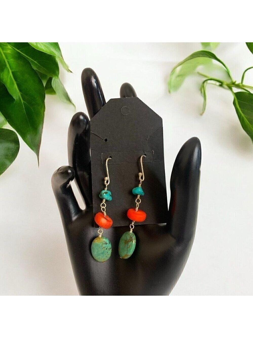 Vintage Southwest Turquoise Coral Silver Stone Earrings
